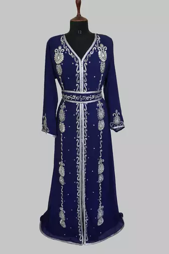 Navy Blue Silver stone and  Beads  Moroccan Kaftan With hijab 