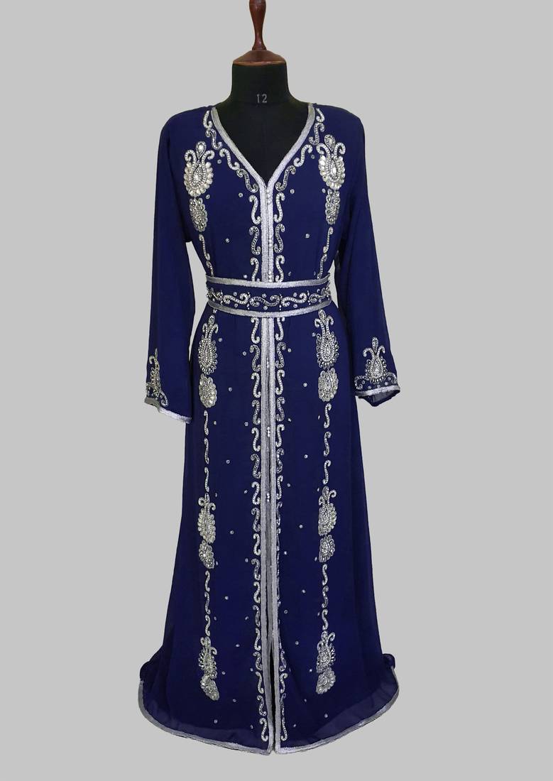 Navy Blue Silver stone and  Beads  Moroccan Kaftan With hijab 