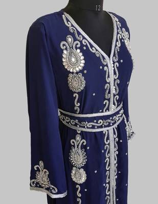 Navy Blue Silver stone and  Beads  Moroccan Kaftan With hijab  3