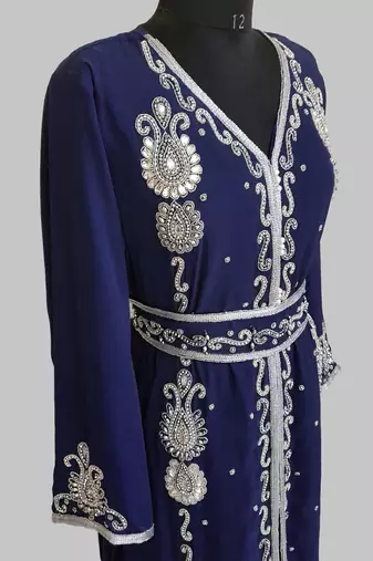 Navy Blue Silver stone and  Beads  Moroccan Kaftan With hijab 