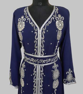 Navy Blue Silver stone and  Beads  Moroccan Kaftan With hijab  4