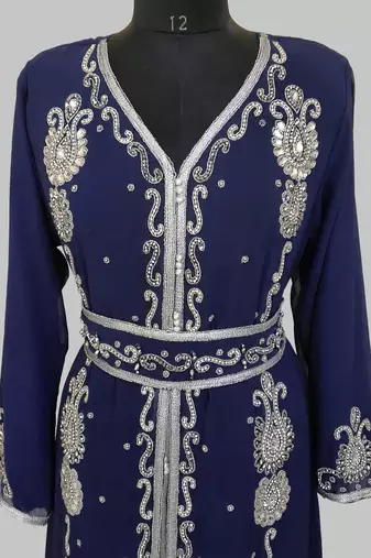 Navy Blue Silver stone and  Beads  Moroccan Kaftan With hijab 
