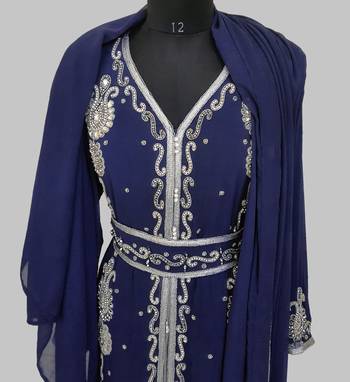 Navy Blue Silver stone and  Beads  Moroccan Kaftan With hijab  5
