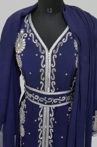 Navy Blue Silver stone and  Beads  Moroccan Kaftan With hijab 