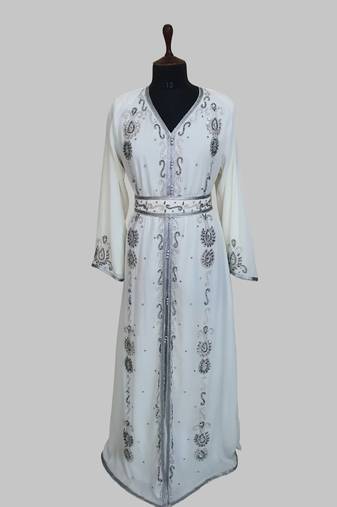Off-White Silver stone and  Beads  Moroccan Kaftan With hijab 
