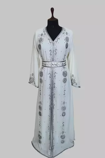 Off-White Silver stone and  Beads  Moroccan Kaftan With hijab 