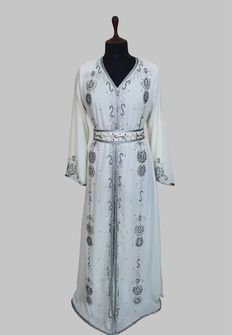 Off-White Silver stone and  Beads  Moroccan Kaftan With hijab 