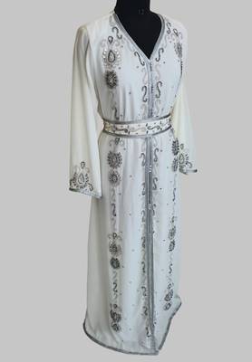 Off-White Silver stone and  Beads  Moroccan Kaftan With hijab  2