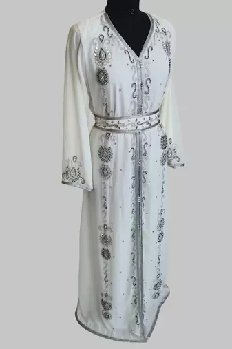Off-White Silver stone and  Beads  Moroccan Kaftan With hijab 