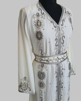 Off-White Silver stone and  Beads  Moroccan Kaftan With hijab  3