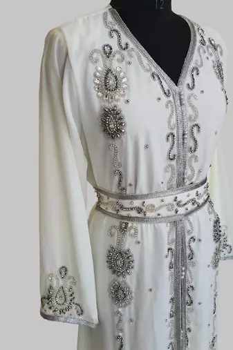 Off-White Silver stone and  Beads  Moroccan Kaftan With hijab 