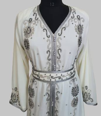 Off-White Silver stone and  Beads  Moroccan Kaftan With hijab  4