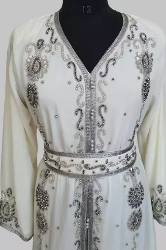 Off-White Silver stone and  Beads  Moroccan Kaftan With hijab 