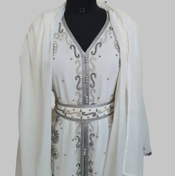 Off-White Silver stone and  Beads  Moroccan Kaftan With hijab  5