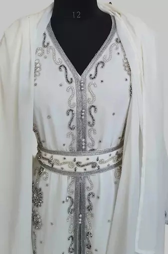 Off-White Silver stone and  Beads  Moroccan Kaftan With hijab 