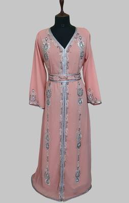  Peach Silver stone and  Beads  Moroccan Kaftan With hijab  1