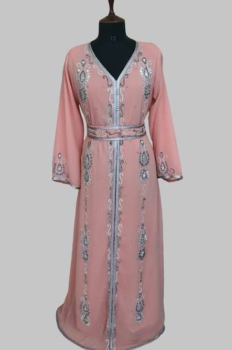  Peach Silver stone and  Beads  Moroccan Kaftan With hijab 