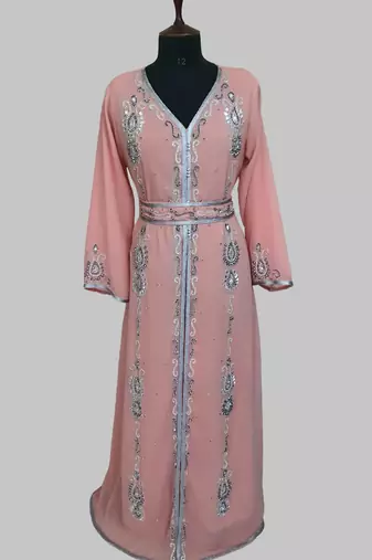  Peach Silver stone and  Beads  Moroccan Kaftan With hijab 