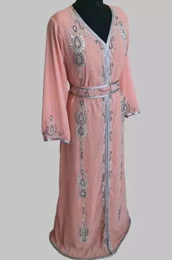  Peach Silver stone and  Beads  Moroccan Kaftan With hijab 