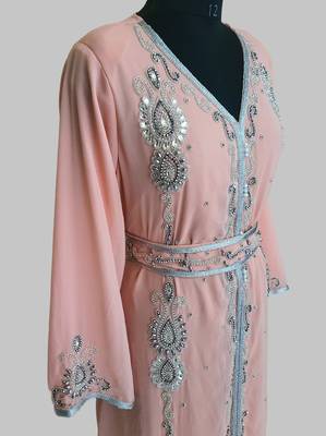  Peach Silver stone and  Beads  Moroccan Kaftan With hijab  3