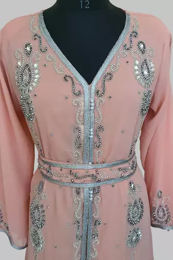  Peach Silver stone and  Beads  Moroccan Kaftan With hijab 
