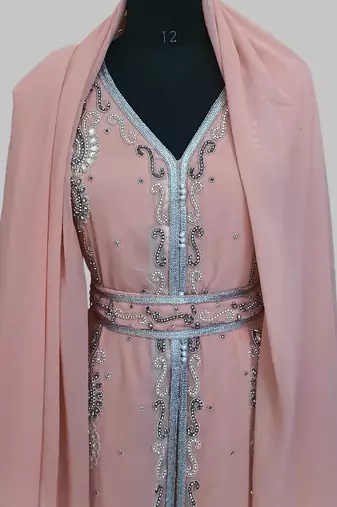  Peach Silver stone and  Beads  Moroccan Kaftan With hijab 