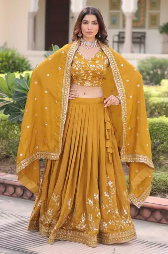 Yellow Silk Sequins Embroidered Lehenga Choli And Duptta