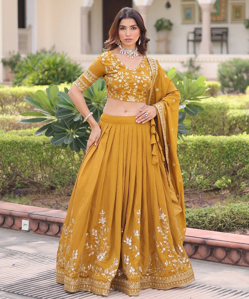 Yellow Silk Sequins Embroidered Lehenga Choli And Duptta