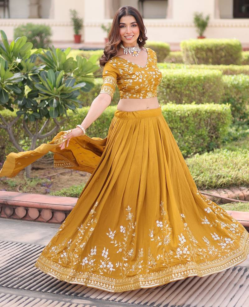Yellow Silk Sequins Embroidered Lehenga Choli And Duptta