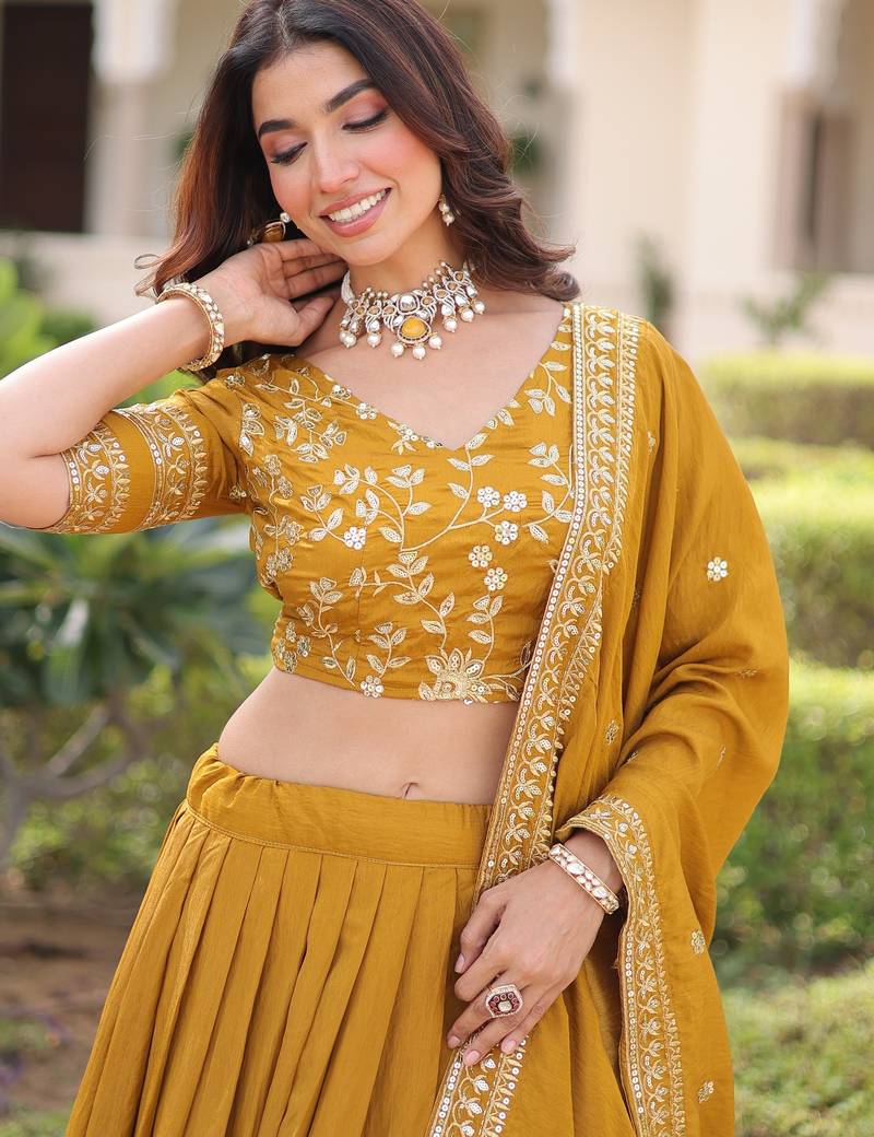 Yellow Silk Sequins Embroidered Lehenga Choli And Duptta