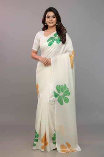 Republic Day Special White Printed Satin Saree with Blouse