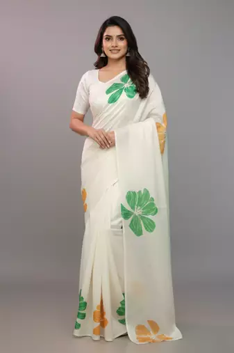 Republic Day Special White Printed Satin Saree with Blouse