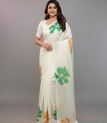 Republic Day Special White Printed Satin Saree with Blouse