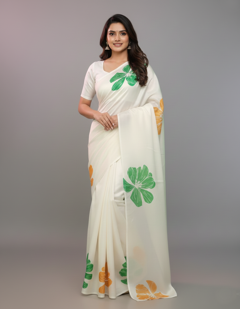Republic Day Special White Printed Satin Saree with Blouse