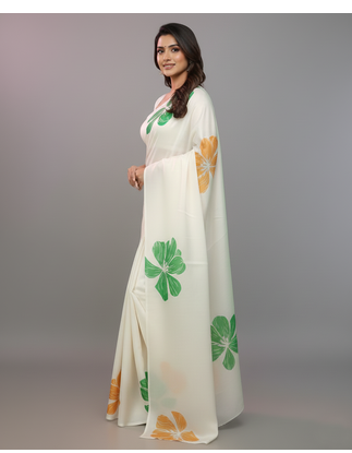 Republic Day Special White Printed Satin Saree with Blouse 2