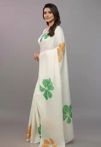 Republic Day Special White Printed Satin Saree with Blouse