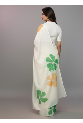 Republic Day Special White Printed Satin Saree with Blouse 3
