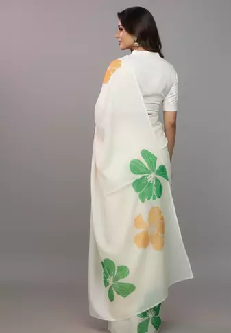Republic Day Special White Printed Satin Saree with Blouse