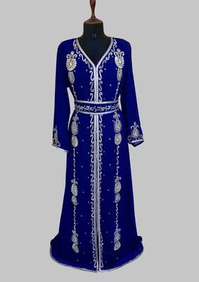 Royal Blue Silver stone and  Beads  Moroccan Kaftan With hijab  1