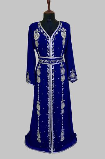 Royal Blue Silver stone and  Beads  Moroccan Kaftan With hijab 