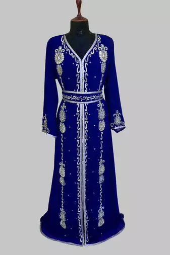 Royal Blue Silver stone and  Beads  Moroccan Kaftan With hijab 
