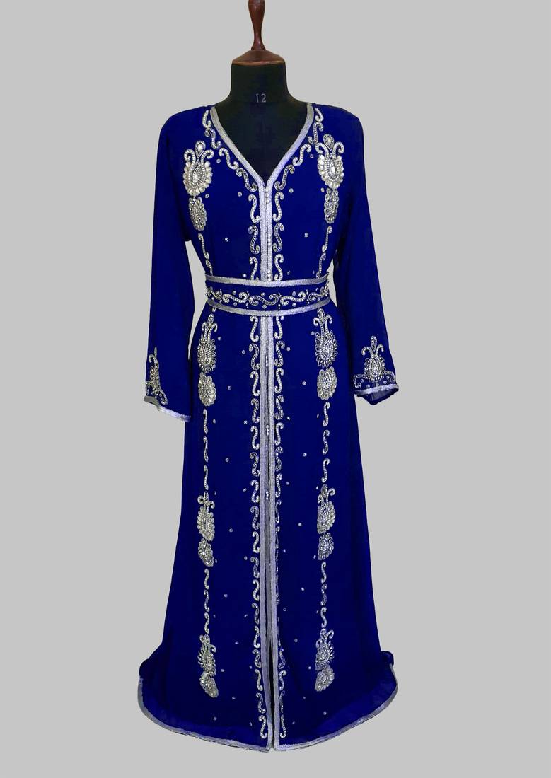 Royal Blue Silver stone and  Beads  Moroccan Kaftan With hijab 