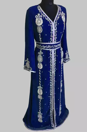 Royal Blue Silver stone and  Beads  Moroccan Kaftan With hijab 