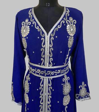Royal Blue Silver stone and  Beads  Moroccan Kaftan With hijab  4
