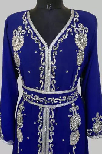 Royal Blue Silver stone and  Beads  Moroccan Kaftan With hijab 