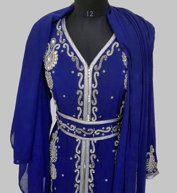 Royal Blue Silver stone and  Beads  Moroccan Kaftan With hijab  5