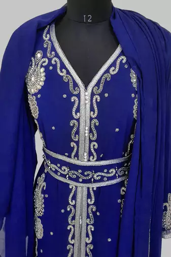 Royal Blue Silver stone and  Beads  Moroccan Kaftan With hijab 