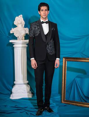 royal black floral print tuxedo with hand embroidery work 1