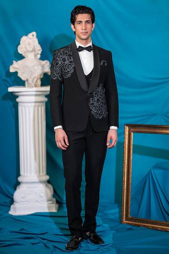 royal black floral print tuxedo with hand embroidery work