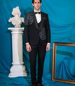 royal black floral print tuxedo with hand embroidery work